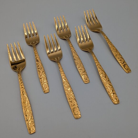 Americana Golden Heritage Flatware Golden Scroll 6 Salad/Dessert Forks 6" - Picture 2 of 10